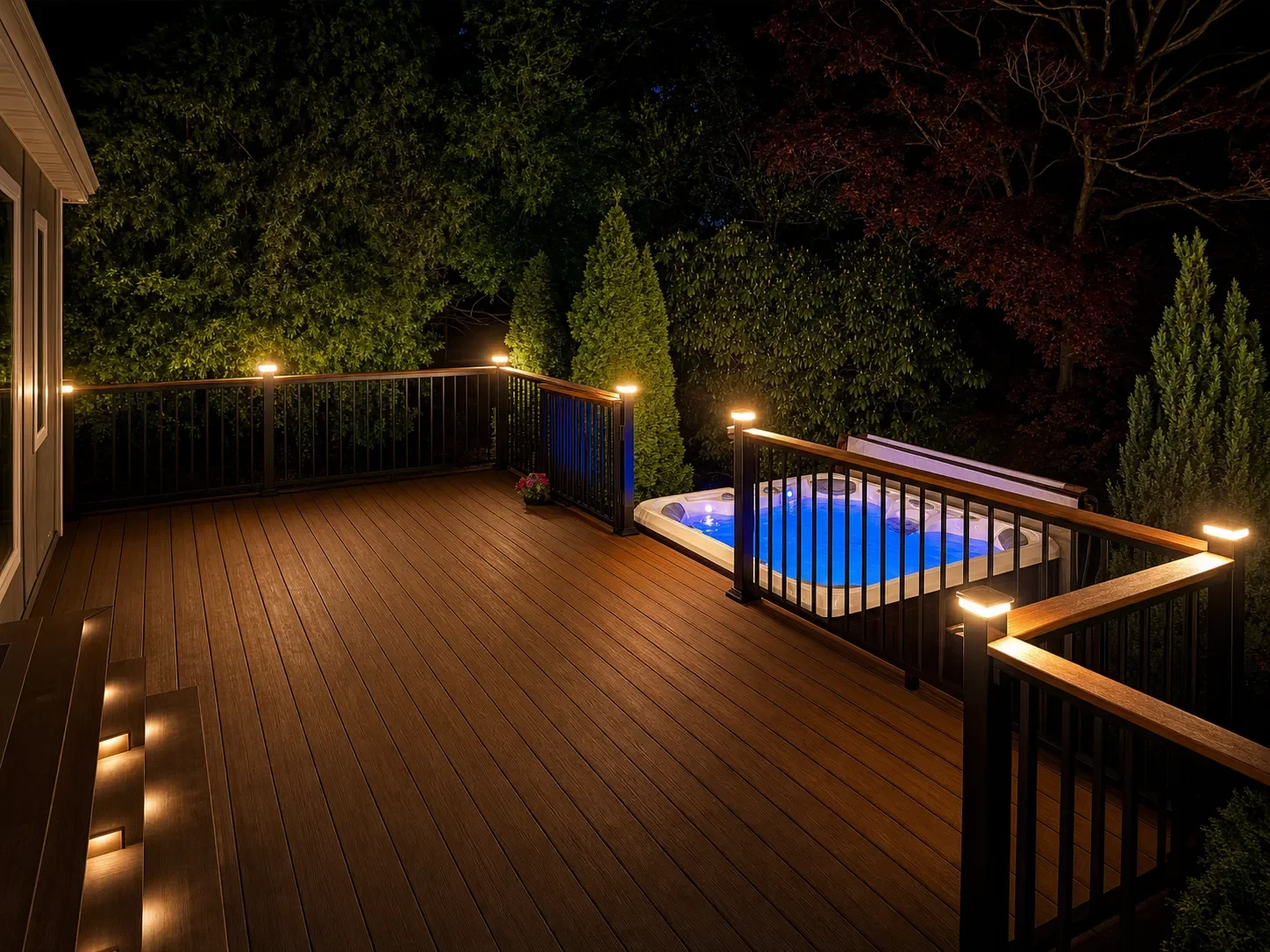 Lit deck with black railings, post-cap lights and a hot tub at night