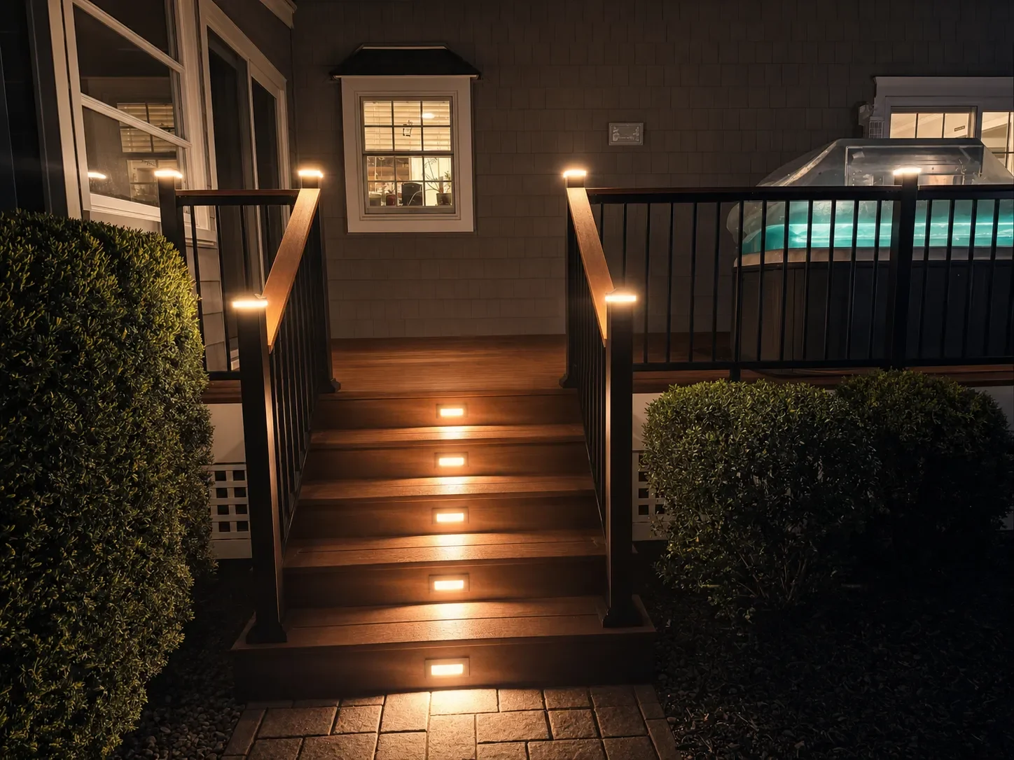 Composite deck stairs with black aluminum railings and built-in LED step lights at night