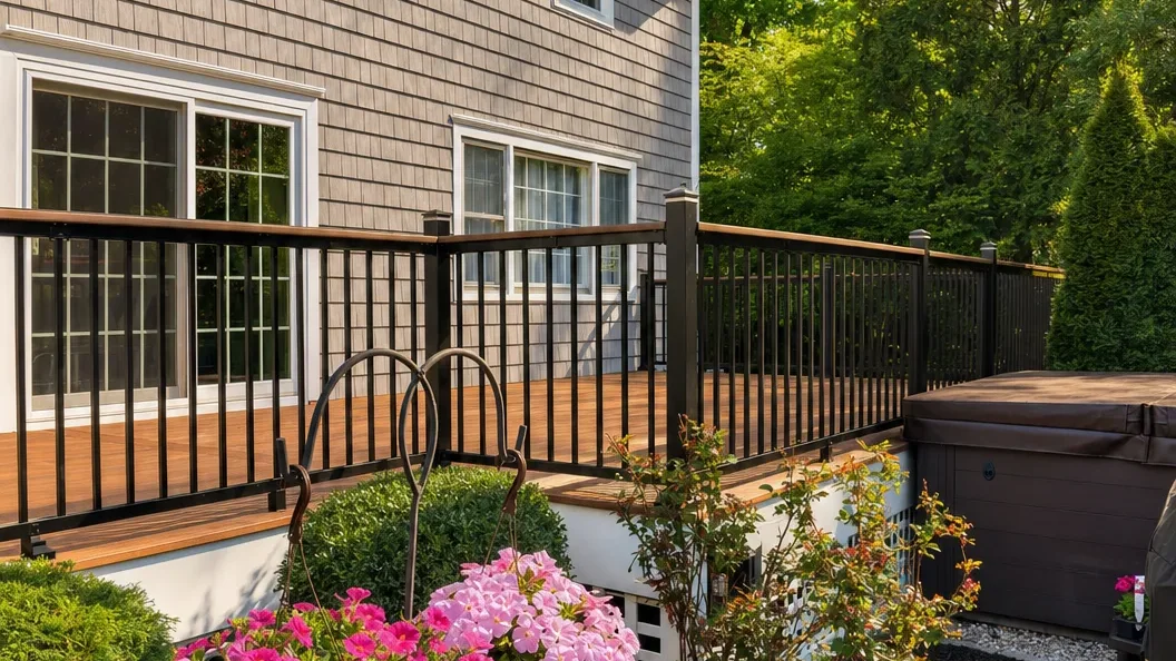 Deck with black aluminum railings beside a home with gray shingle siding and pink hydrangeas